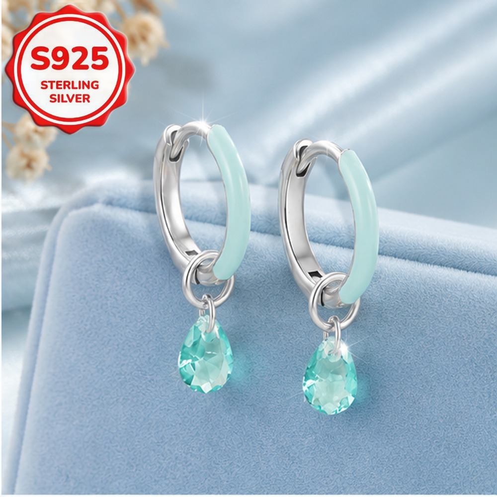 2pcs Women's S925 Sterling Silvery Light Blue Glaze Drop Earrings